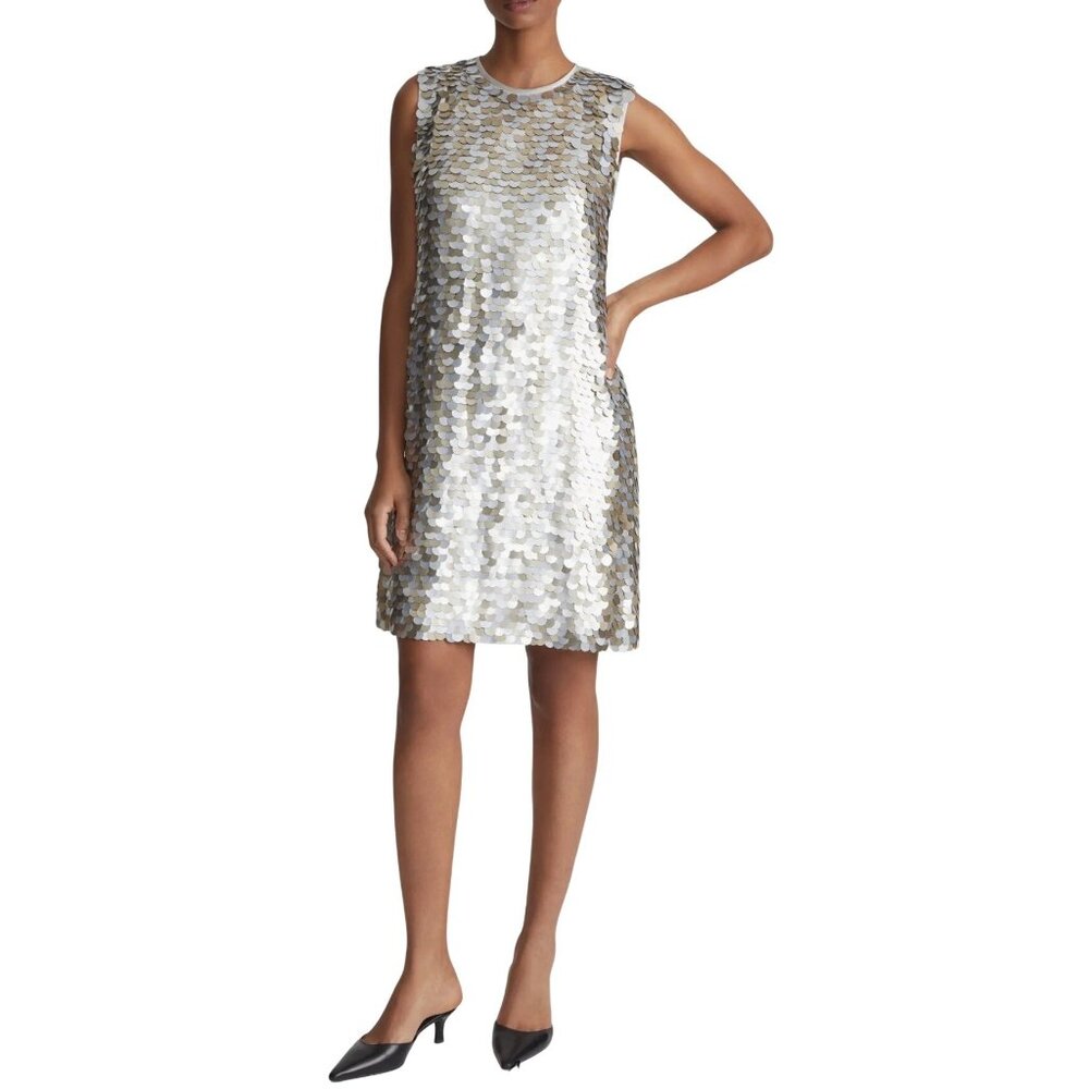 Lafayette 148 New York Paillette Sequin Shift Dress Mixed-Metal Metallic Large